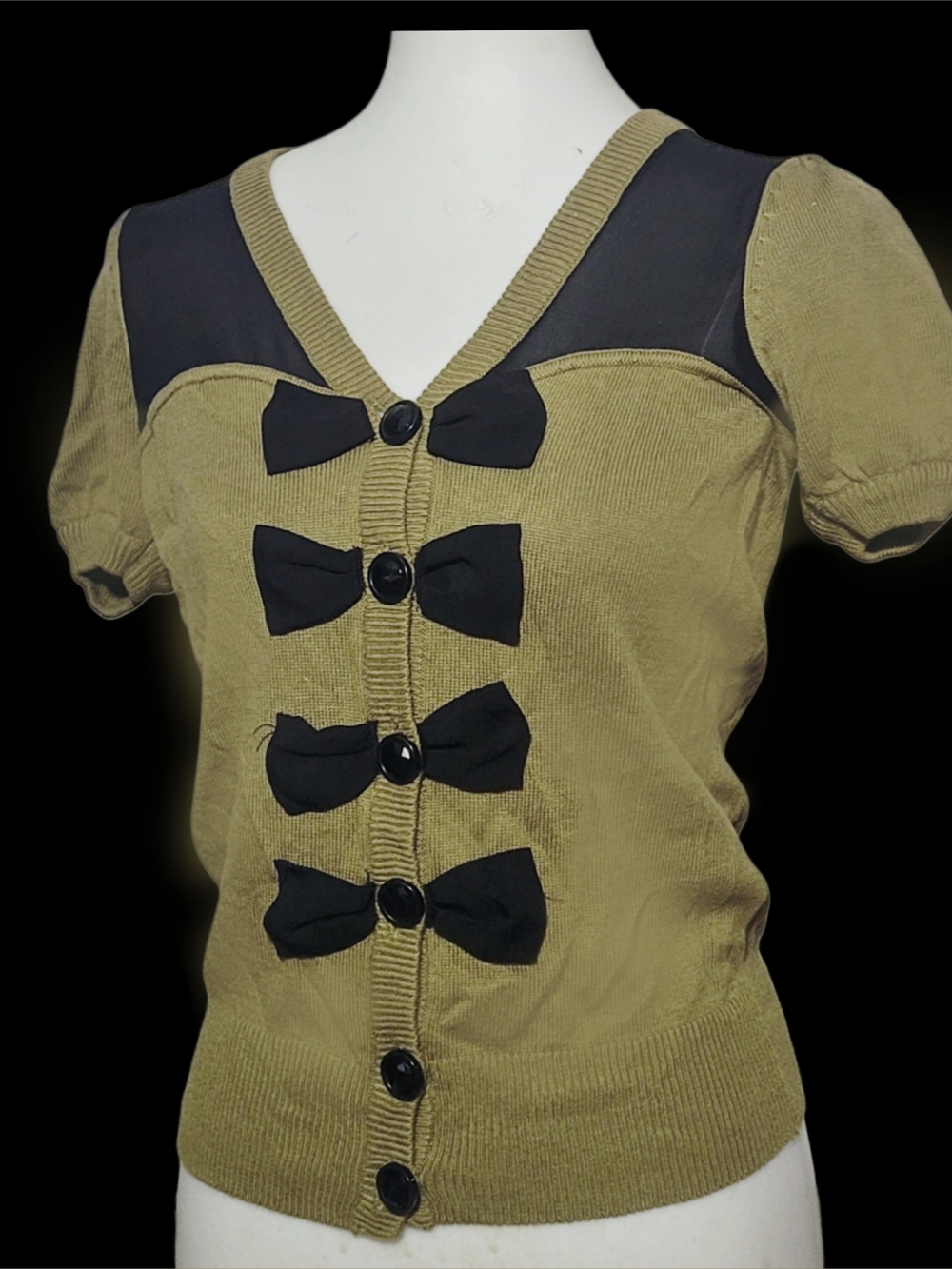 Vintage Olive Green Short-Sleeve Cardigan w/Black Bow&crystal Button Accents